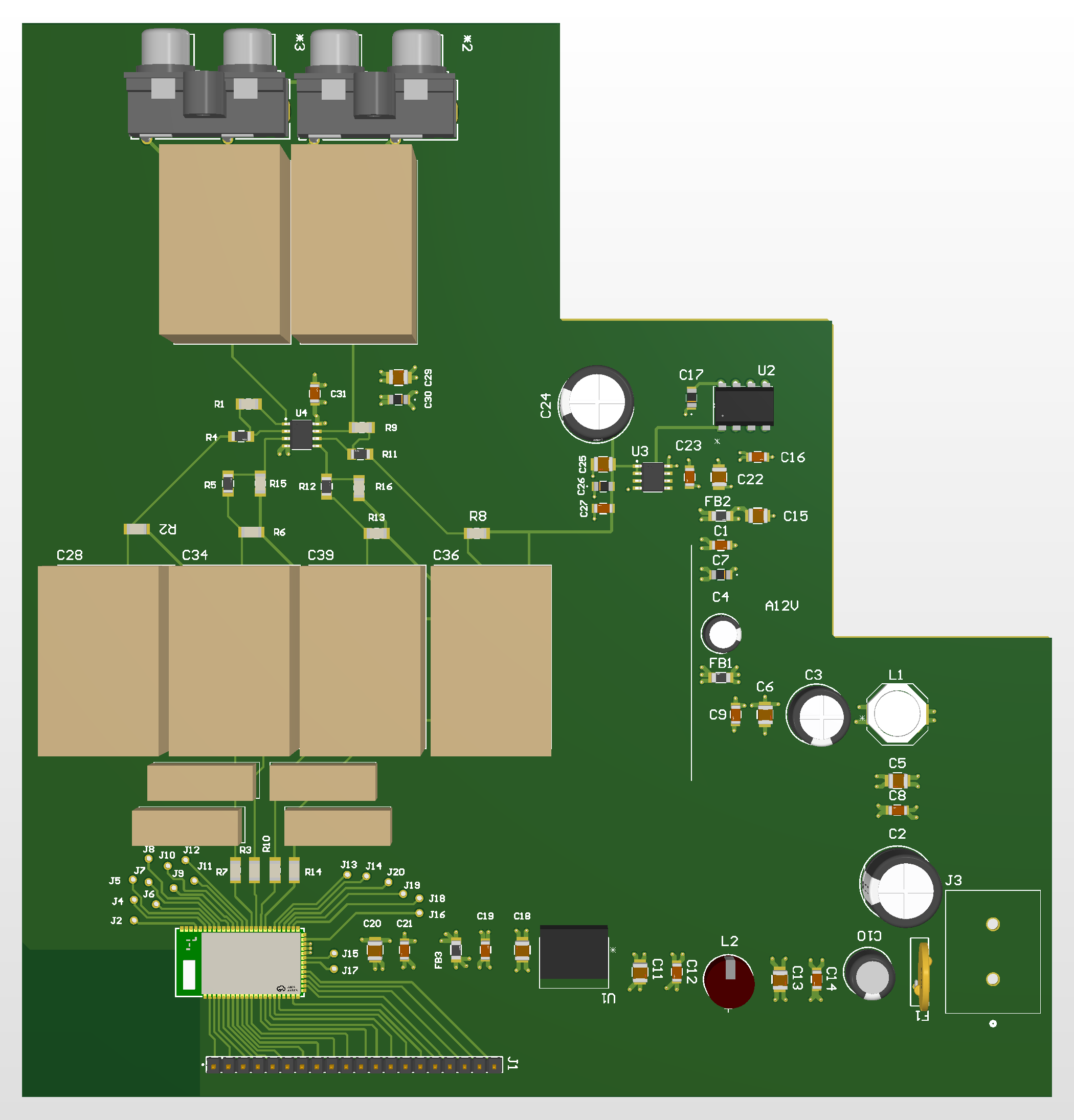 Altium 3D render of a low-voltage Bluetooth preamp PCB prototype